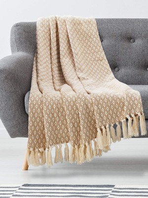 Yellow & Beige Self-Design Diamond Pattern Pure Cotton Knitted Sofa Throw Blanket with Tassel Fringes