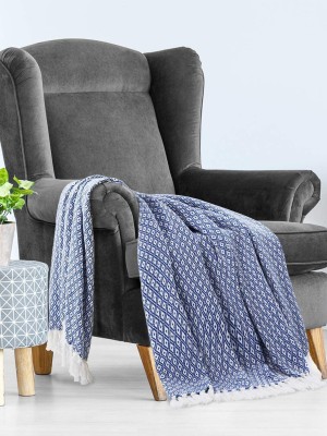 Blue & White Modern Woven Diamond Pattern Pure Cotton Knitted Throw Blanket with Tassel Fringes