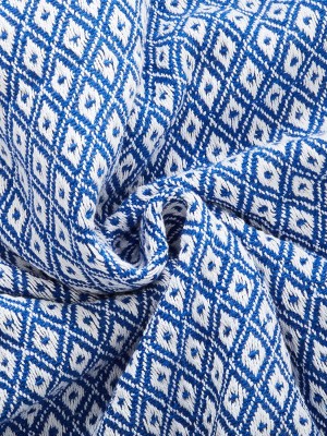 Blue & White Modern Woven Diamond Pattern Pure Cotton Knitted Throw Blanket with Tassel Fringes