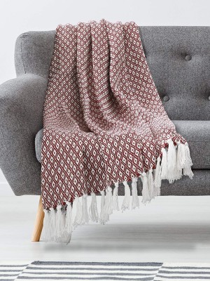 Maroon Diamond Pattern 100% Pure Cotton Lightweight and Breathable Knitted Throw Blanket for Sofa
