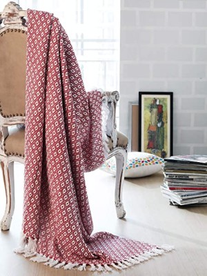 Red Handmade Bohemian Diamond Pattern Cotton Knitted Throw Blanket with Tassels Fringes for Sofa
