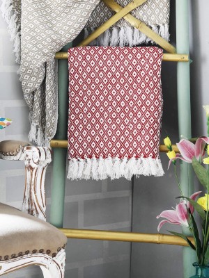 Red Handmade Bohemian Diamond Pattern Cotton Knitted Throw Blanket with Tassels Fringes for Sofa