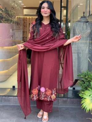 Ahana Solid Maroon Floral Embroidered Indian Traditional Straight Salwar Kameez Kurti Pant Set for Women For Karva Chauth