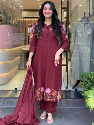Ahana Solid Maroon Floral Embroidered Indian Traditional Straight Salwar Kameez Kurti Pant Set for Women For Karva Chauth