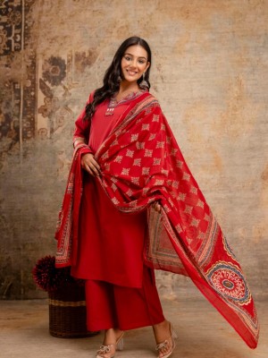 Mukti Solid Red Floral V-Neck Indian Ethnic Straight Salwar Kameez Kurti Pant Set for Women For Karva Chauth