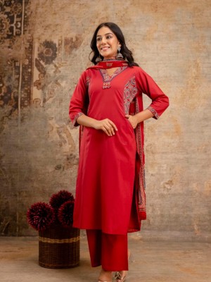 Mukti Solid Red Floral V-Neck Indian Ethnic Straight Salwar Kameez Kurti Pant Set for Women For Karva Chauth