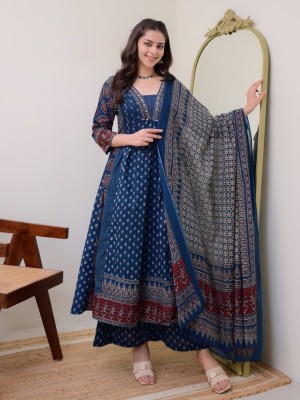 Blue Embroidered Anarkali Kurta Kurti Pant Dupatta Set Gown Partywear Salwar Kameez Dress for Festival