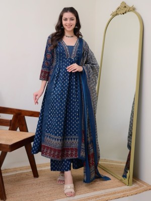 Blue Embroidered Anarkali Kurta Kurti Pant Dupatta Set Gown Partywear Salwar Kameez Dress for Festival