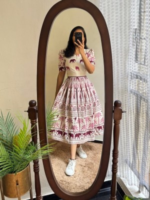 Beautiful Printed Everyday Wear Half Sleeves Flare Cotton Midi Kurti Gown Dress For Women 