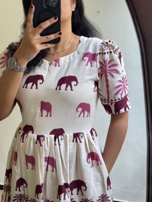 Beautiful Printed Everyday Wear Half Sleeves Flare Cotton Midi Kurti Gown Dress For Women 
