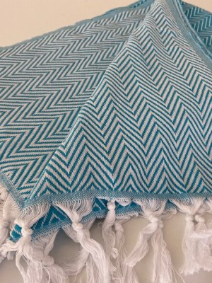 Turquoise & White Handmade Zig Zag Chevron Pattern Cotton Knitted Throw Blanket with Tassels Fringes