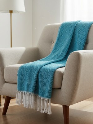 Turquoise & White Handmade Zig Zag Chevron Pattern Cotton Knitted Throw Blanket with Tassels Fringes