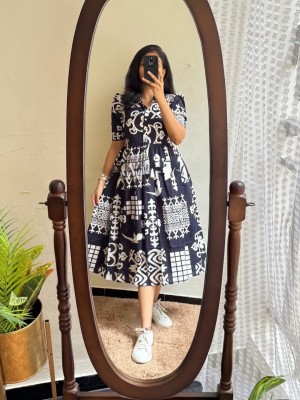 Navy Blue Elegant Printed Everyday Wear Half Sleeves Cotton Midi Kurti Gown Dress For Women 