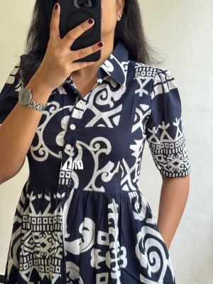 Navy Blue Elegant Printed Everyday Wear Half Sleeves Cotton Midi Kurti Gown Dress For Women 