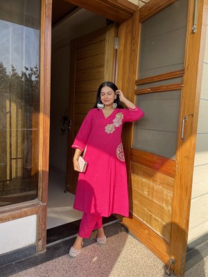 Rani Pink Hand Work Cotton Indian Co-Ord Set Readymade Straight Shalwar Kameez Kurti Pant Set For Women