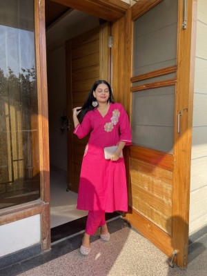 Rani Pink Hand Work Cotton Indian Co-Ord Set Readymade Straight Shalwar Kameez Kurti Pant Set For Women