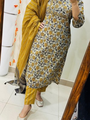 Yellow Floral Printed Work In Yoke A-Line Cotton Kurta Pant With Dupatta (Set Of 3)