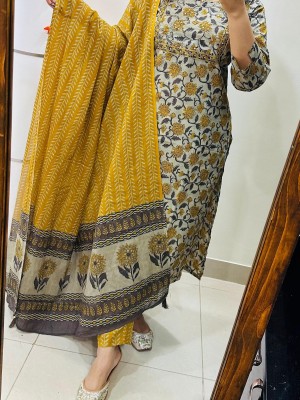 Yellow Floral Printed Work In Yoke A-Line Cotton Kurta Pant With Dupatta (Set Of 3)