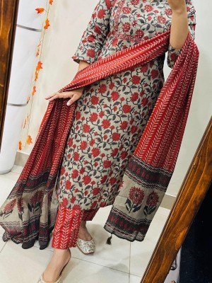 Red Floral Printed Work In Yoke A-Line Cotton Kurta Pant With Dupatta (Set Of 3)