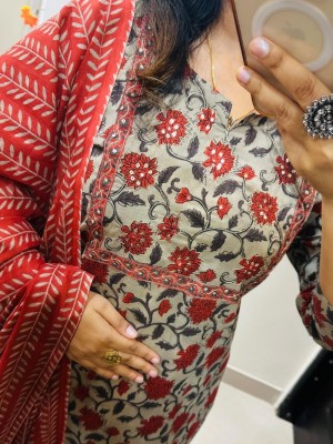 Red Floral Printed Work In Yoke A-Line Cotton Kurta Pant With Dupatta (Set Of 3)