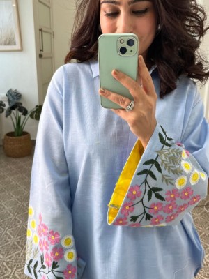 Sky Blue Embroidered Cotton Collared Co-Ord Set Lightweight Shalwar Kameez Kurti Pant Set For Women