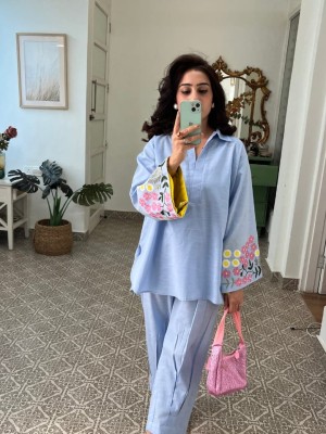 Sky Blue Embroidered Cotton Collared Co-Ord Set Lightweight Shalwar Kameez Kurti Pant Set For Women