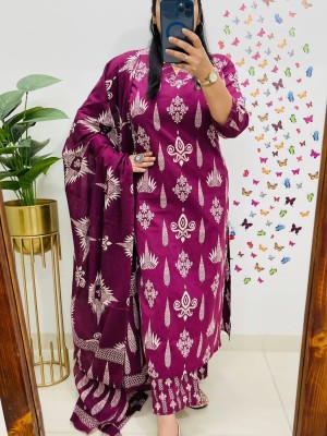 Purple Cotton Printed Straight Fit Cotton Kurti Pant With Dupatta Ethenic V-Neck (Set Of 3)