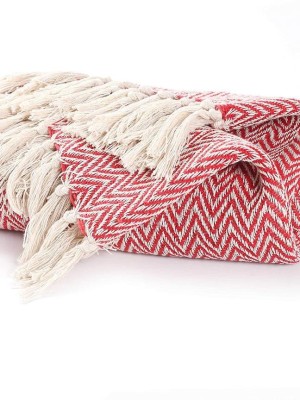 Red & White Chevron Zig Zag Pattern Lightweight and Breathable 100% Pure Cotton Throw Blanket for Sofas