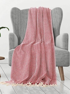 Red & White Chevron Zig Zag Pattern Lightweight and Breathable 100% Pure Cotton Throw Blanket for Sofas