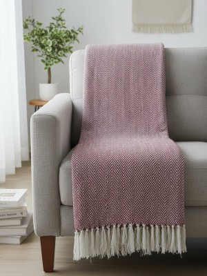 Maroon & White Modern Woven Chevron Zig Zag Pattern Pure Cotton Throw Blanket with Fringe for Sofas