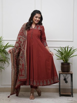 Maroon Printed Sequence Work on Neck Anarkali Cotton Kurti Pant Dupatta Set For Women (Set Of 3)
