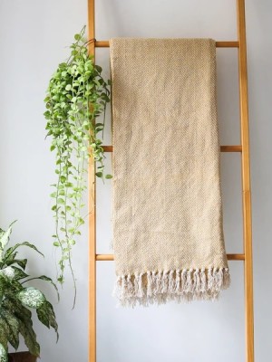 Beige & White Handmade Woven Zig Zag Chevron Pattern Cotton Throw Blanket with Fringes Tassels For Sofa