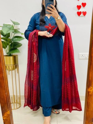 Blue Hand Work On Neck Straight Fit Cotton Kurti Pant Dupatta Set For Women (Set Of 3)
