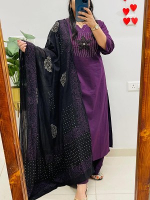 Purple Hand Work On Neck Straight Fit Cotton Kurti Pant Dupatta Set For Women (Set Of 3)