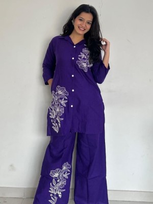 Blue Embroidery Work Cotton Co Ord Set For Women - Set Of 2