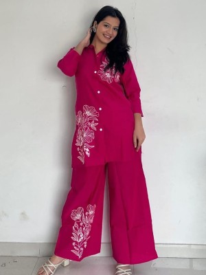 Pink Embroidery Work Cotton Co Ord Set For Women - Set Of 2