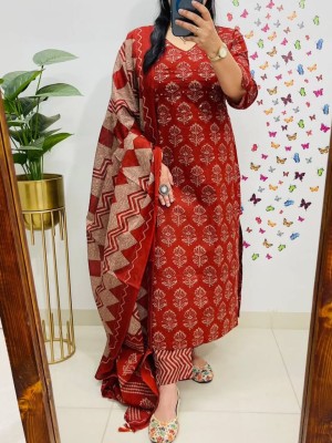 Red Floral Printed Work on Yoke Straight Heavy Cotton Kurti Pant Dupatta Set For Women (Set Of 3)