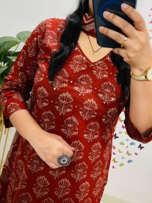 Red Floral Printed Work on Yoke Straight Heavy Cotton Kurti Pant Dupatta Set For Women (Set Of 3)