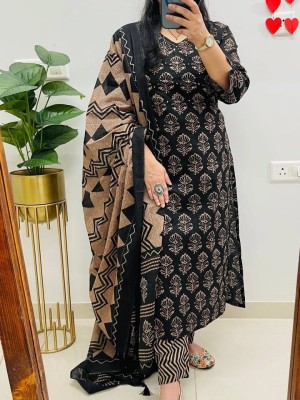 Black Floral Printed Work on Yoke Straight Heavy Cotton Kurti Pant Dupatta Set For Women (Set Of 3)