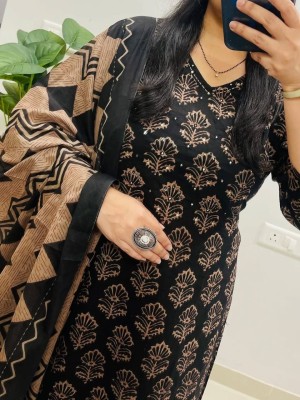Black Floral Printed Work on Yoke Straight Heavy Cotton Kurti Pant Dupatta Set For Women (Set Of 3)