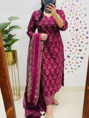 Purple Floral Printed Work on Yoke Straight Heavy Cotton Kurti Pant Dupatta Set For Women (Set Of 3)