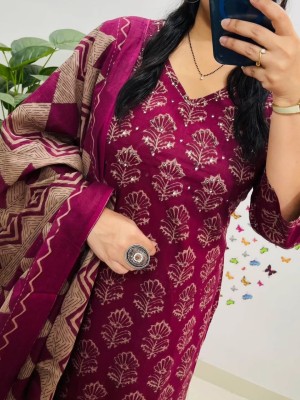 Purple Floral Printed Work on Yoke Straight Heavy Cotton Kurti Pant Dupatta Set For Women (Set Of 3)