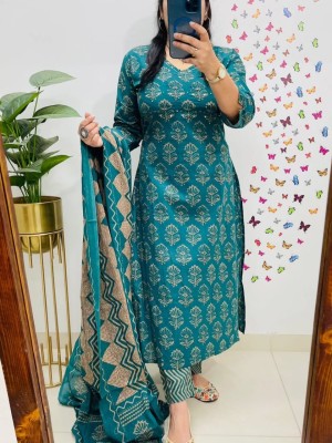 Aqua Blue Floral Printed Work on Yoke Straight Heavy Cotton Kurti Pant Dupatta Set For Women (Set Of 3)