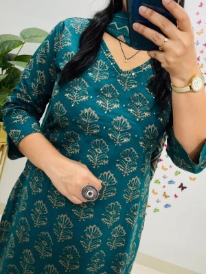 Aqua Blue Floral Printed Work on Yoke Straight Heavy Cotton Kurti Pant Dupatta Set For Women (Set Of 3)