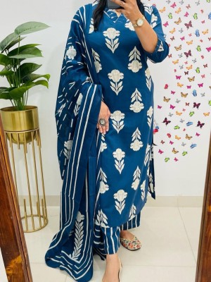 Blue Floral Printed V-Neck Straight Cotton Kurti Pant Dupatta Set For Women (Set Of 3)
