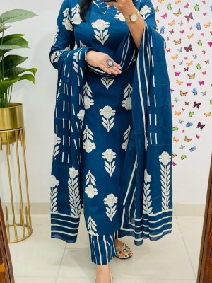 Blue Floral Printed V-Neck Straight Cotton Kurti Pant Dupatta Set For Women (Set Of 3)
