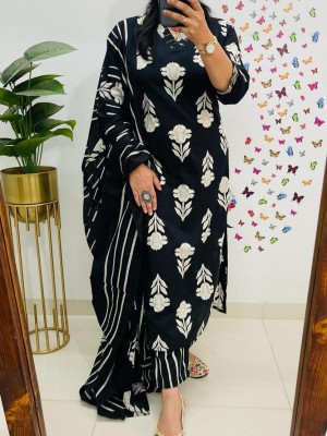 Black Floral Printed V-Neck Straight Cotton Kurti Pant Dupatta Set For Women (Set Of 3)