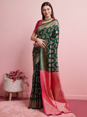 Green & Gold Ethnic Motif Woven Design Zari Rich Banarasi Indian Saree with Heavy Blouse Piece