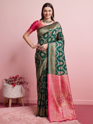 Green & Gold Ethnic Motif Woven Design Zari Rich Banarasi Indian Saree with Heavy Blouse Piece