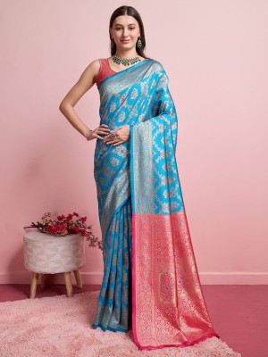 Blue & Gold Ethnic Motif Woven Design Zari Rich Banarasi Indian Saree with Heavy Blouse Piece